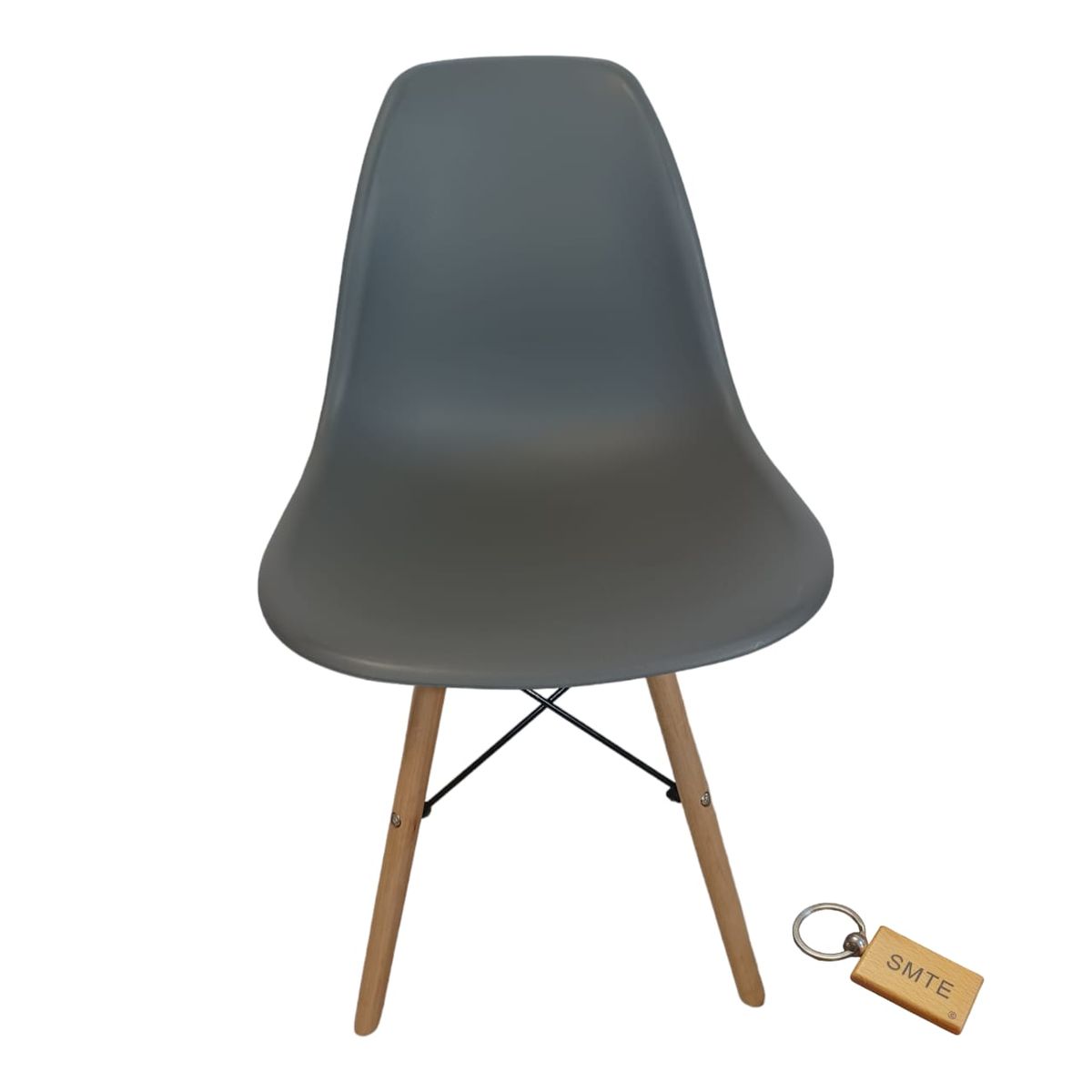 SMTE - Plastic Chair With Wooden Leg Set of 1 +  KeychainGrey
