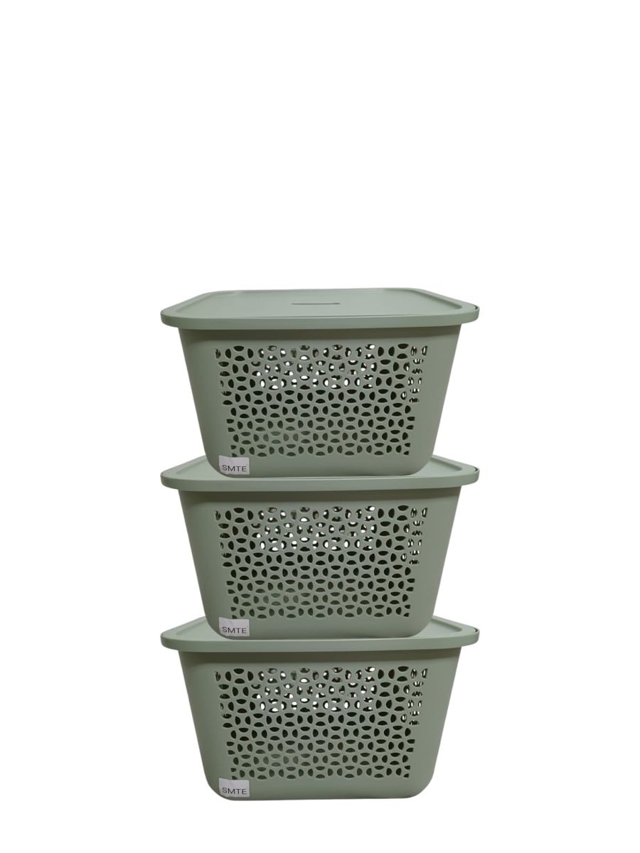 SMTE - Green 20L Storage Basket Set of 3 with Lids