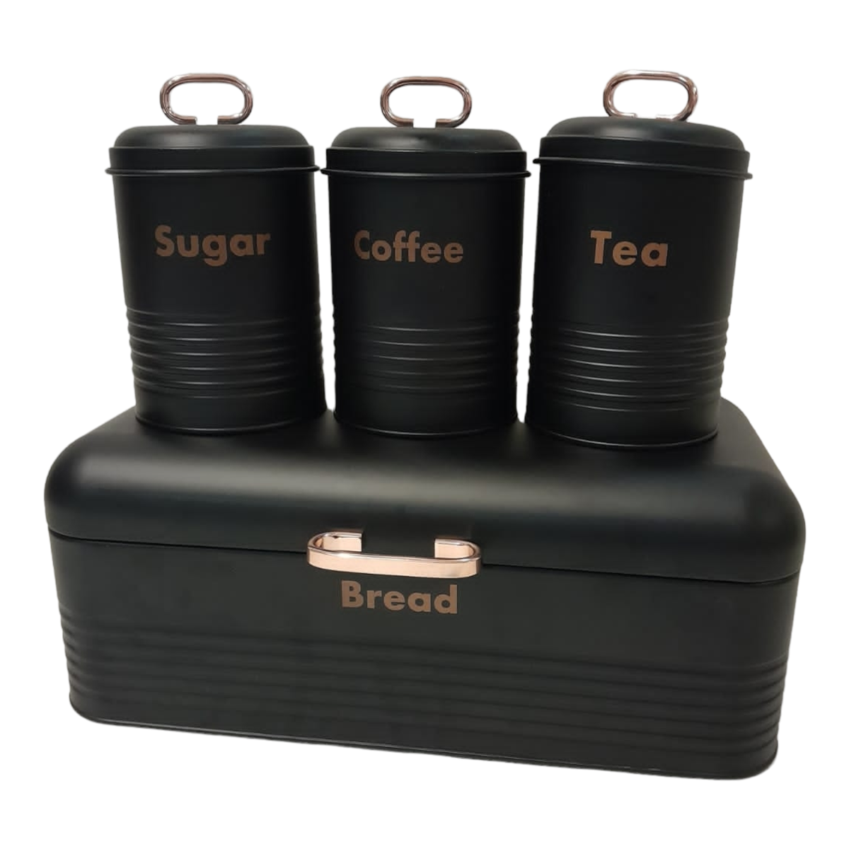 SMTE - Quality Breadbin Steel Design with 3 Piece Matching Canister Set - Black