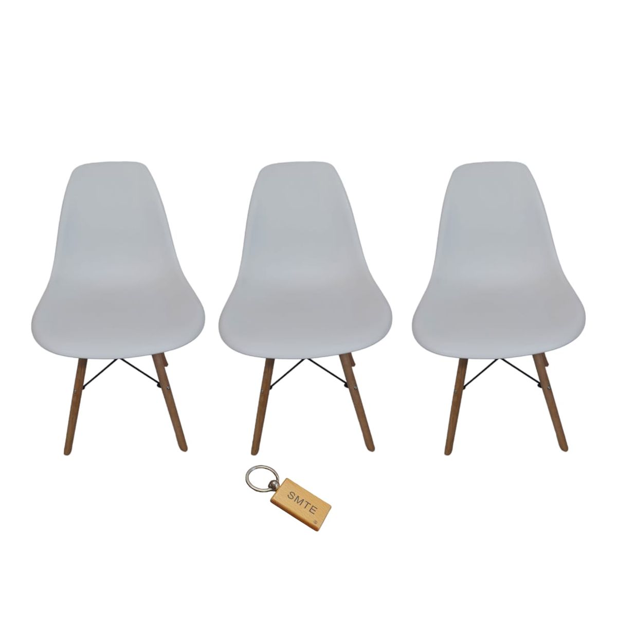 SMTE - Plastic Chair With Wooden Leg Set of 3 with  KeychainWhite