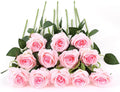 SMTE - 12 pcs Artificial Roses With Long Stem Real Touch DIY Home DecorPink
