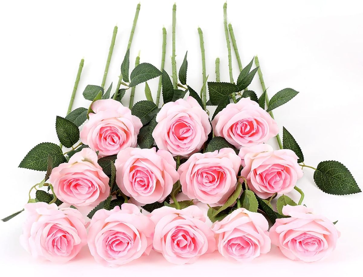 SMTE - 12 pcs Artificial Roses With Long Stem Real Touch DIY Home DecorPink