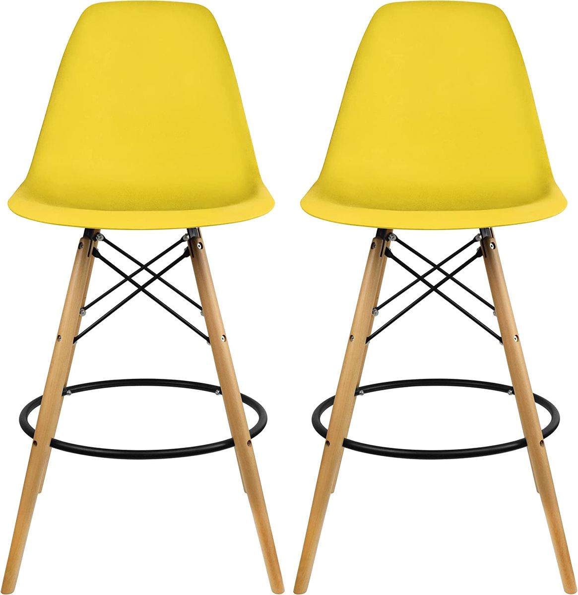 SMTE - Plastic Modern Counter Stools with Backrest and Armless Natural Legs Wood - Yellow