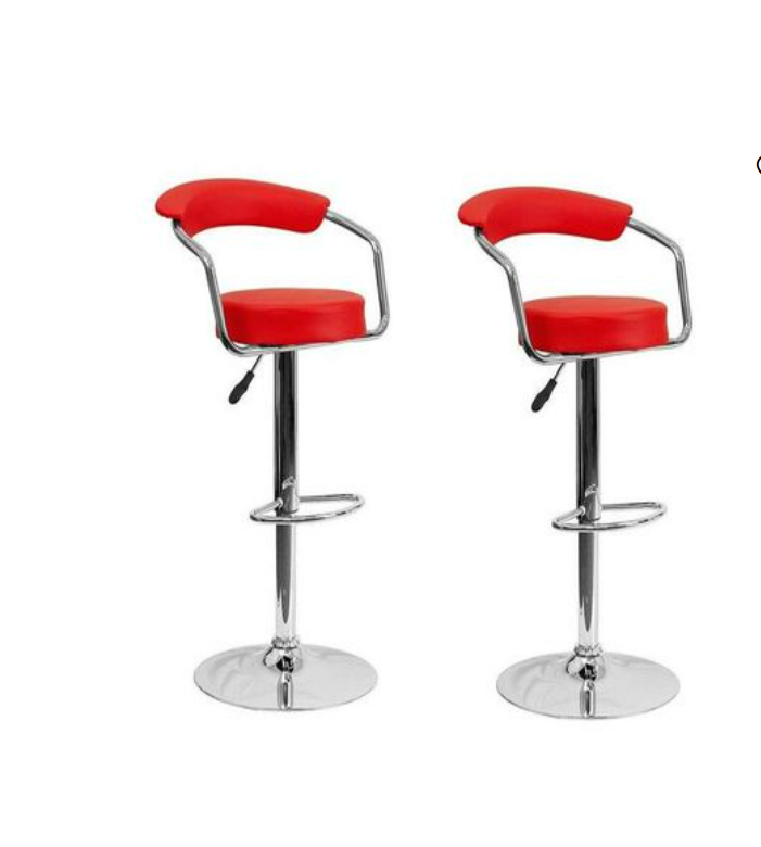 SMTE - Adjustable Bar Stools with Armrest and Chrome Base - Set of 2 - Red