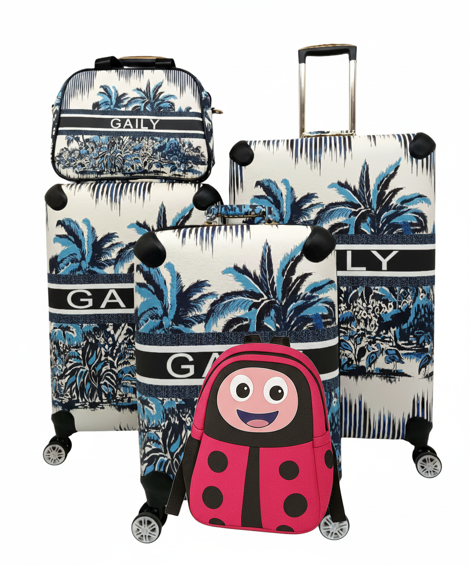 SMTE - Gaily 4Piece Tropical Print Luggage Set + Kids Ladybug Travel Backpack