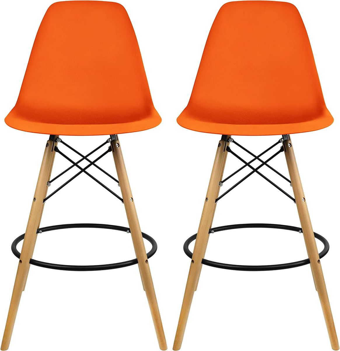 SMTE - Plastic Modern Counter Stools with Backrest and Armless Natural Legs Wood - Orange