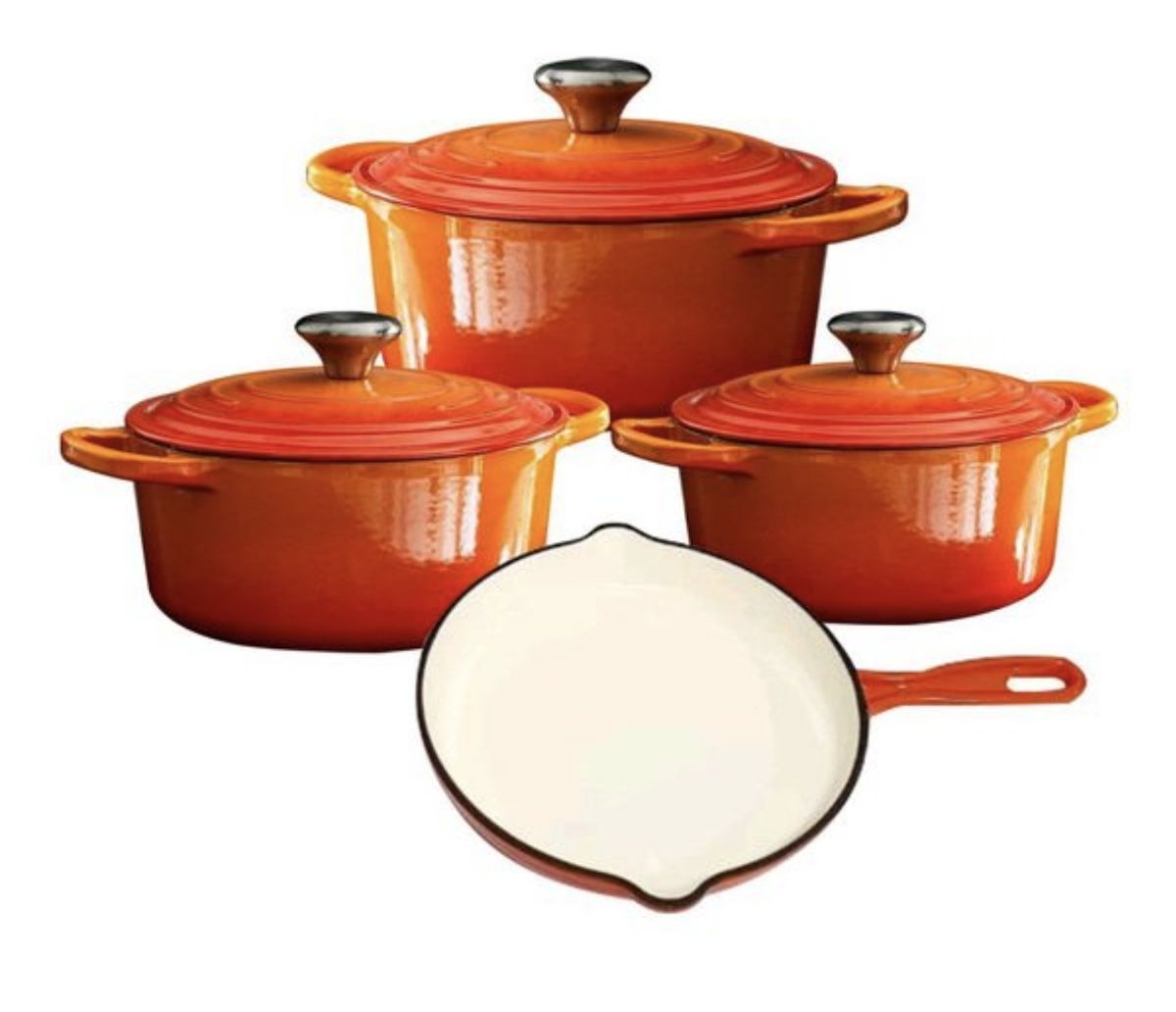 SMTE - Acesa - Quality 7 Piece Authentic Cast Iron Dutch Oven Cookware Pot Set - Orange