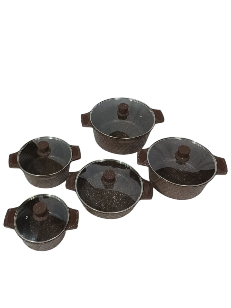 SMTE -  10Piece Granite Cookware SetNonStick with Glass Lids (Brown)