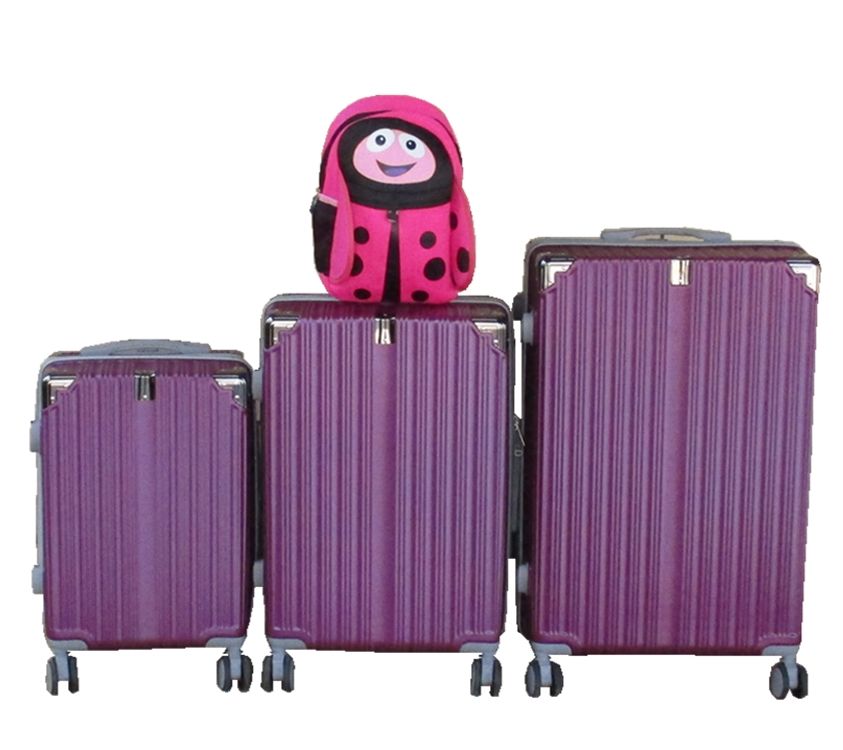 SMTE - Purple 3Piece ABS HardShell Luggage Set + Pink Ladybug Kids Backpack