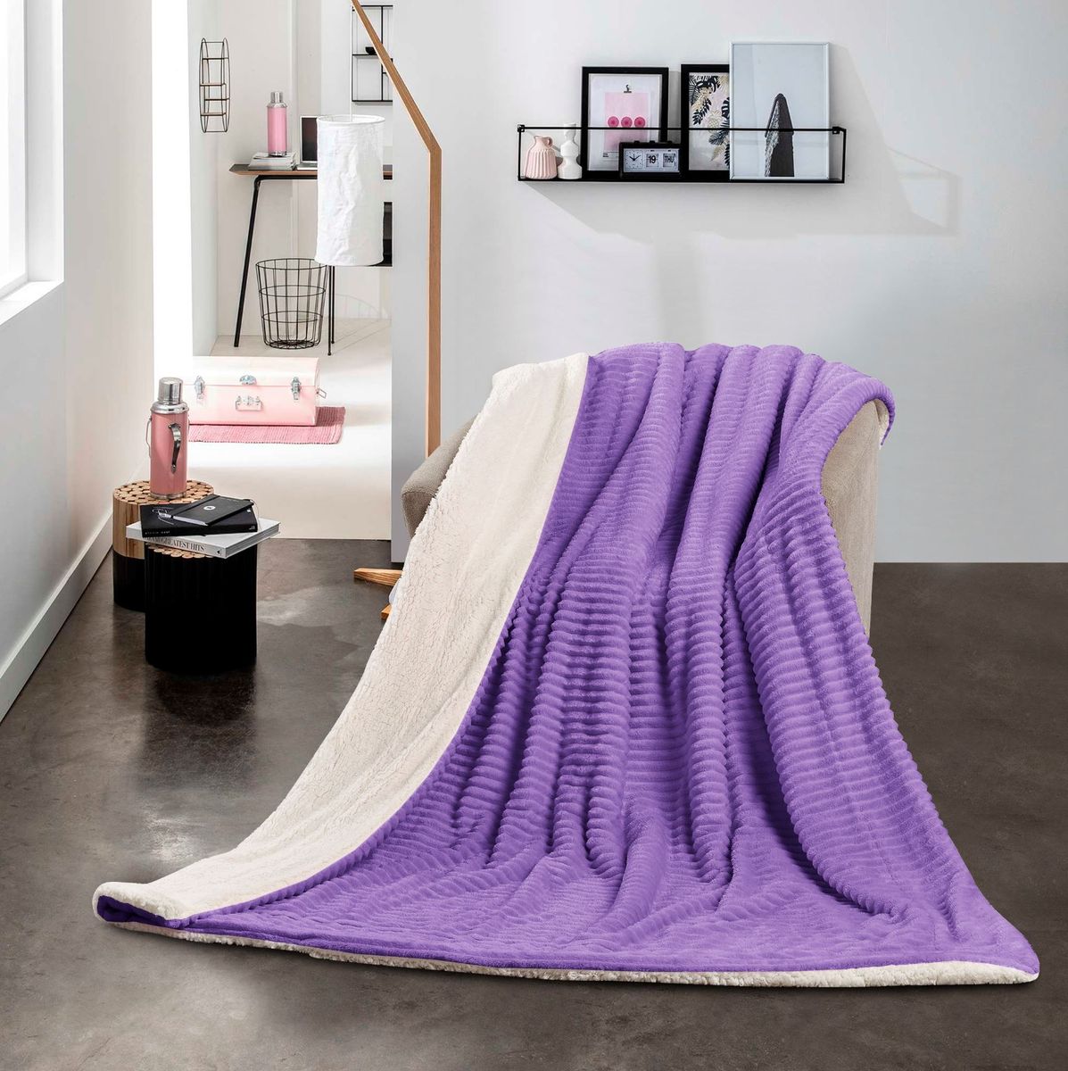 SMTE - New Reversible Super Soft Throw Striped Flannel Sherpa Blanket - Purple