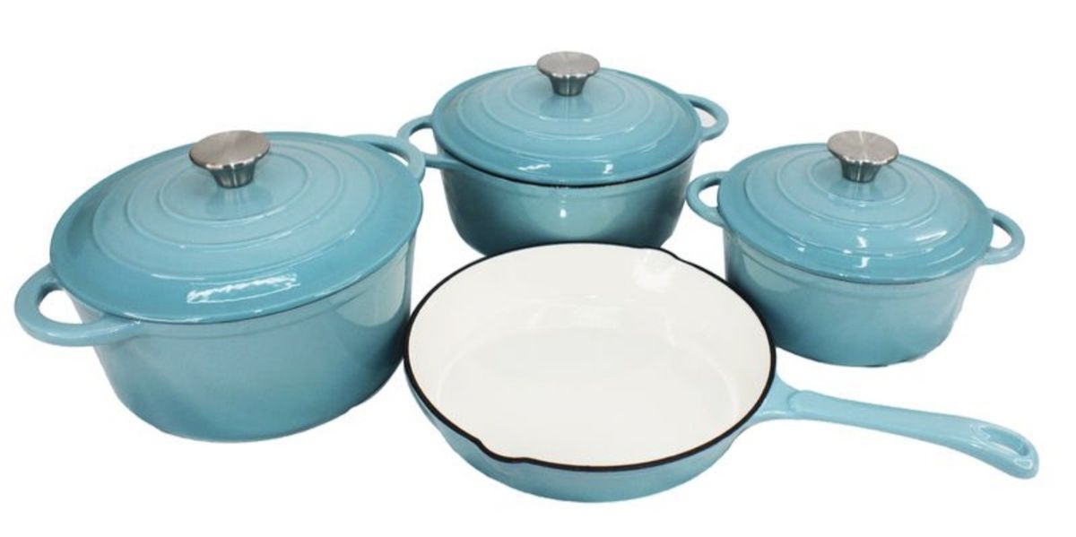SMTE - Acesa - Quality 7 Piece Authentic Cast Iron Dutch Oven Cookware Pot Set - Sky Blue
