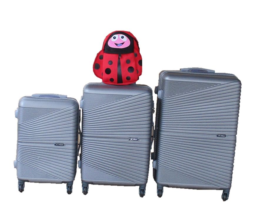 SMTE - Silver 3Piece ABS Luggage Set + Red Ladybug Kids Backpack