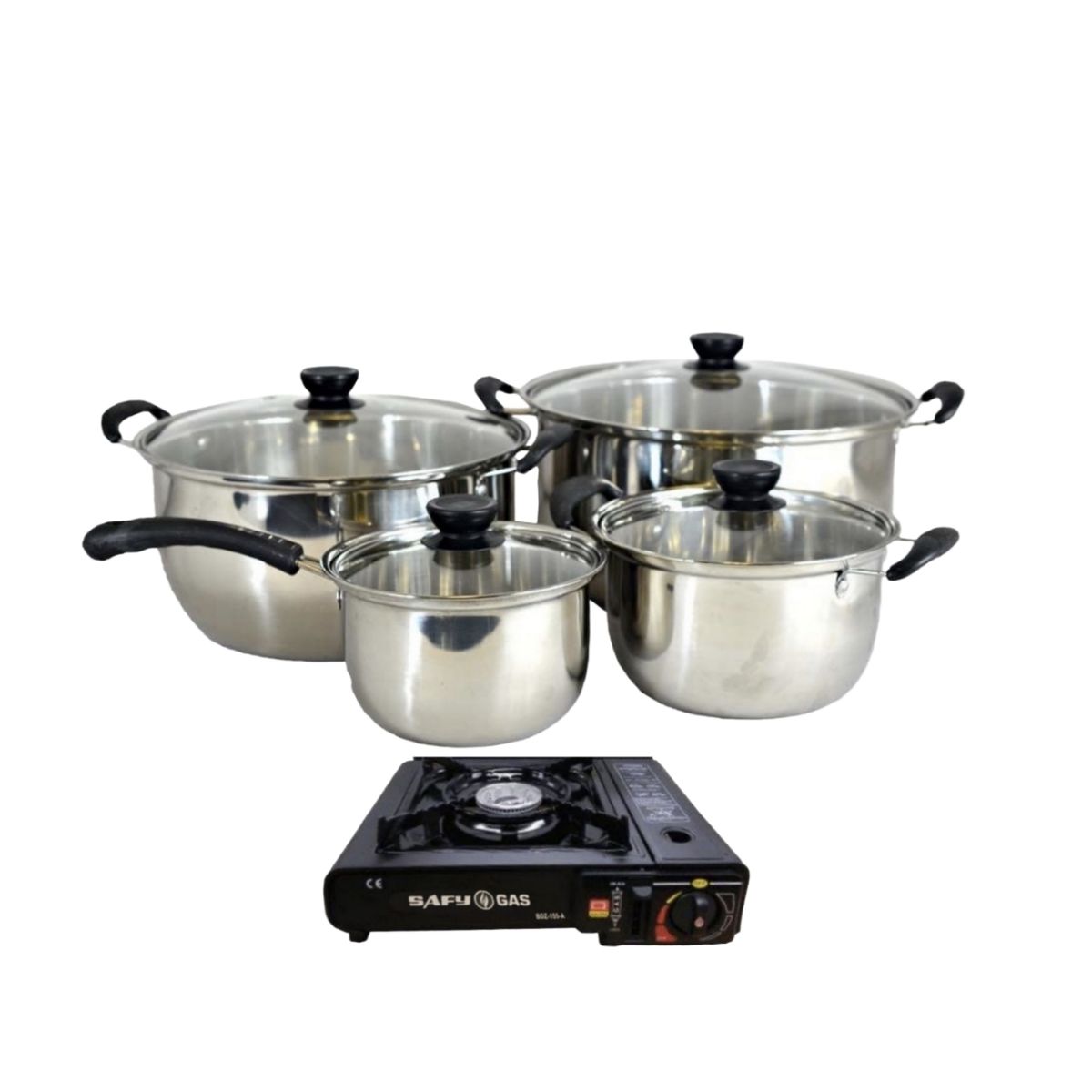 SMTE - High Heat Output Portable Gas Stove & Quality 4 Piece Pot Set Combo