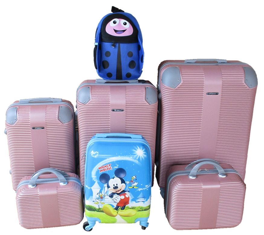 SMTE - 5Piece Pink ABS Luggage Set with Mickey Kids Trolley & Ladybug Backpack