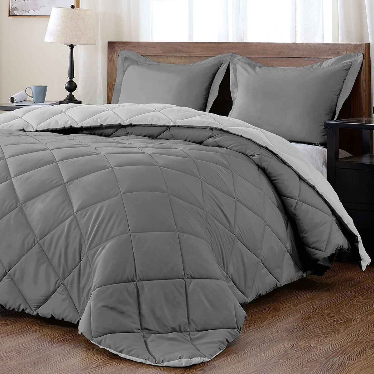 SMTE - Stunning 5 Piece Reversible Comforter Charcoal and Grey Set - Double