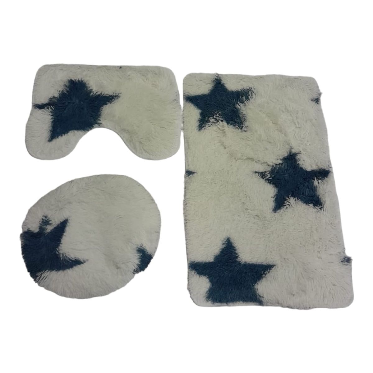 SMTE - 3 Piece Fluffy Toilet Seat Cover & Bathroom Mats Set - Navy Star