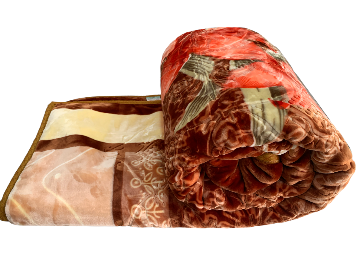 SMTE - Azaz High Quality Reversible Heavy Blanket Light Brown and Orange Flower 6kg