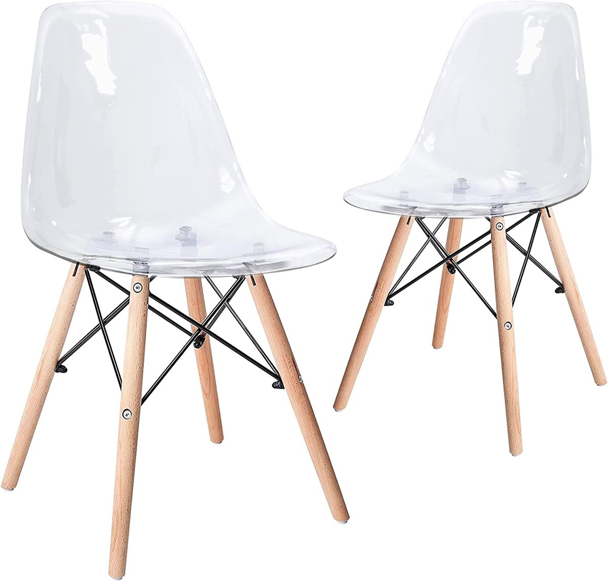 SMTE - Acrylic Plastic Molded Dining Side Chair with Wood Legs - Set of 2
