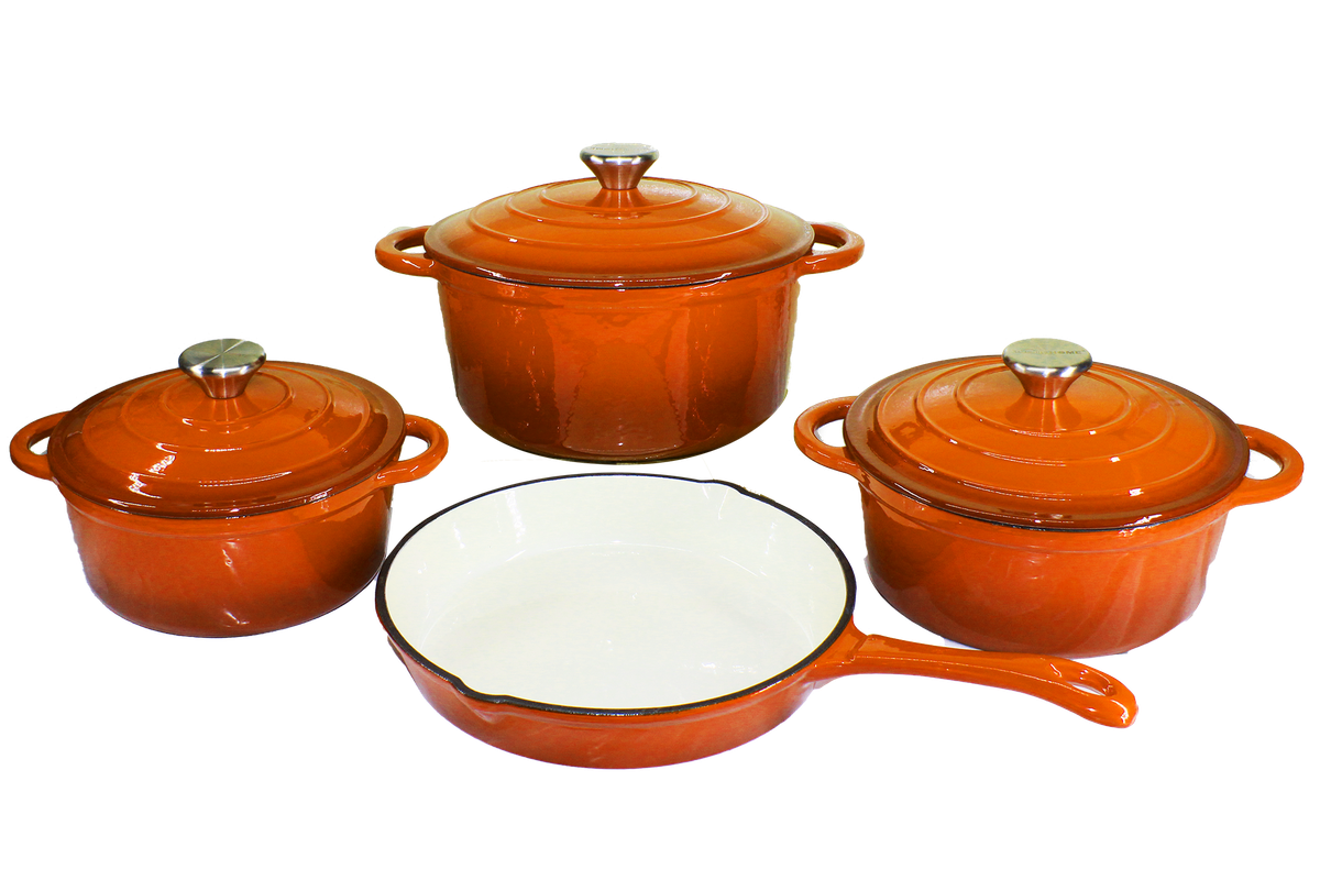 SMTE - Stunning - 7 Piece New Design Dutch Pot Cookware Sets Cast Iron - Orange