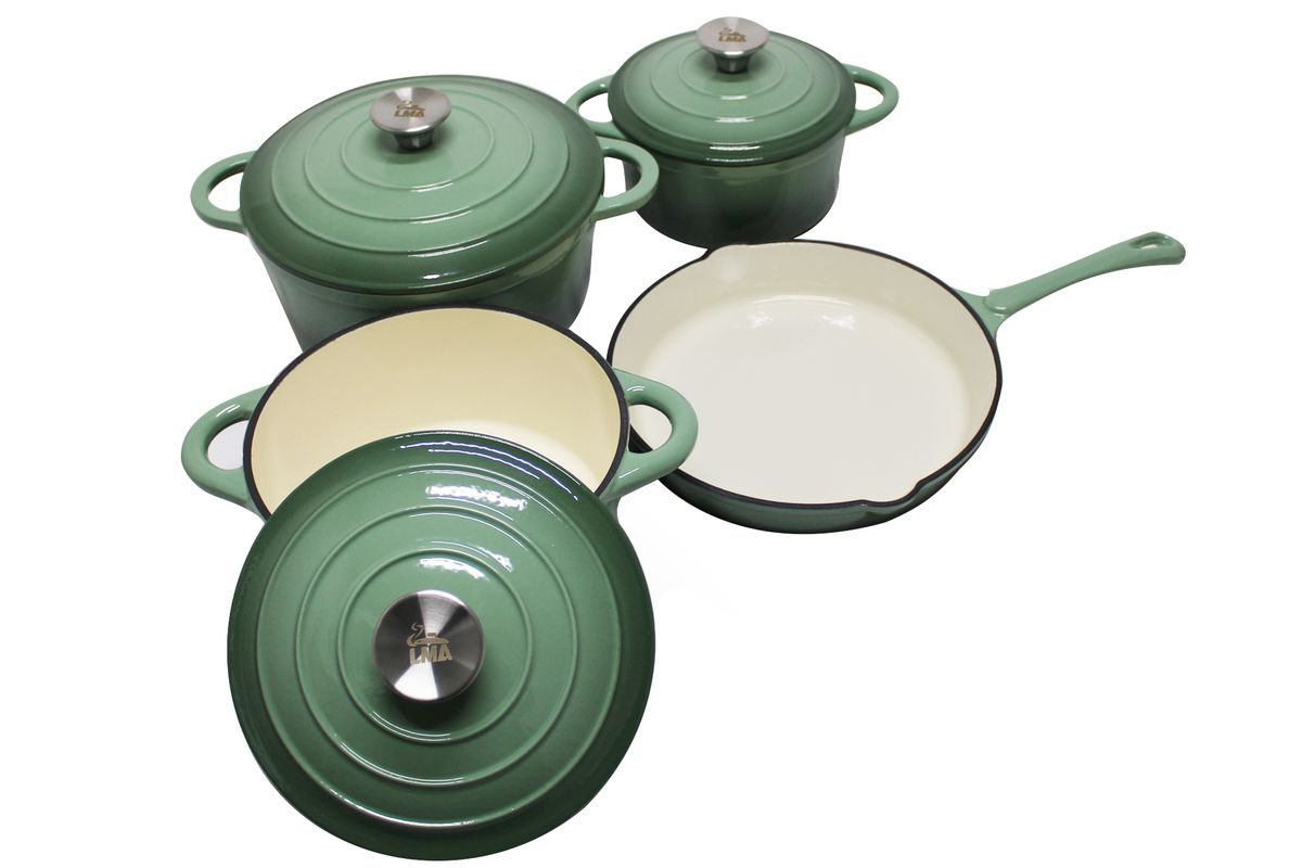 SMTE - 7 Piece Black Authentic Cast Iron Cookware Set - Green