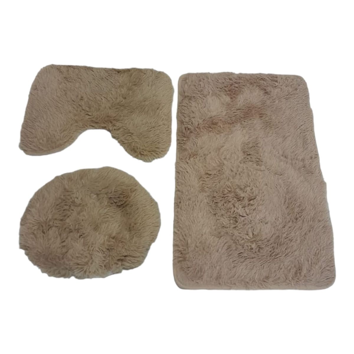 SMTE - 3 Piece Fluffy Toilet Seat Cover & Bathroom Mats Set - Plane Light Beige