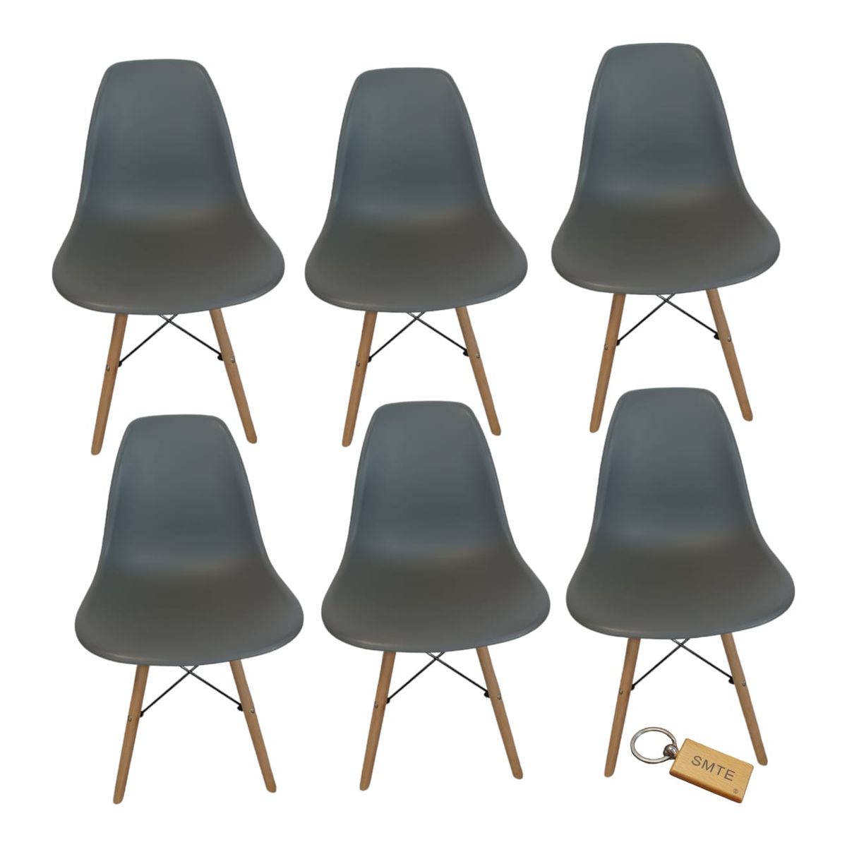 SMTE - Plastic Chair With Wooden Leg Set of 6+  KeychainGrey