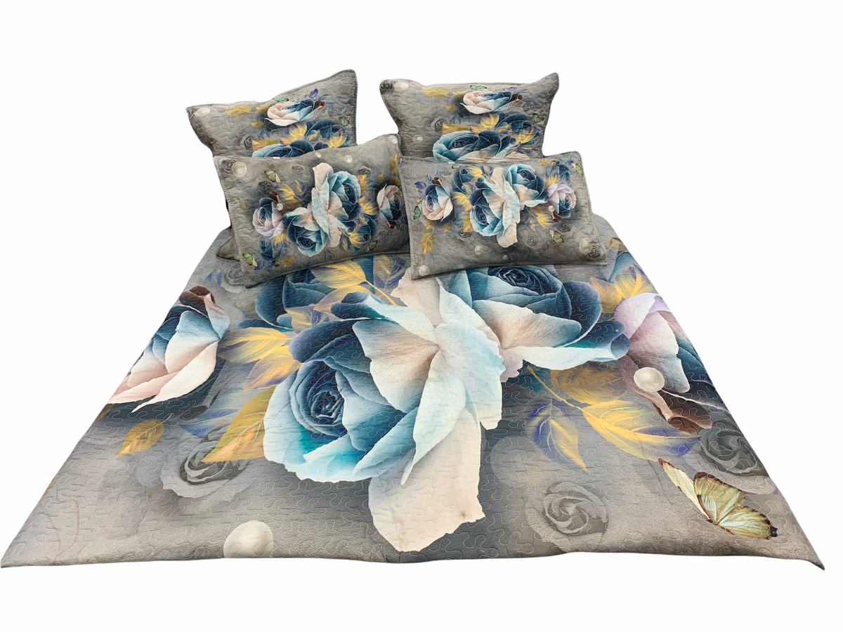 SMTE - Queen 5 Piece Brown With Blue Roses Microfiber Bedspread Set
