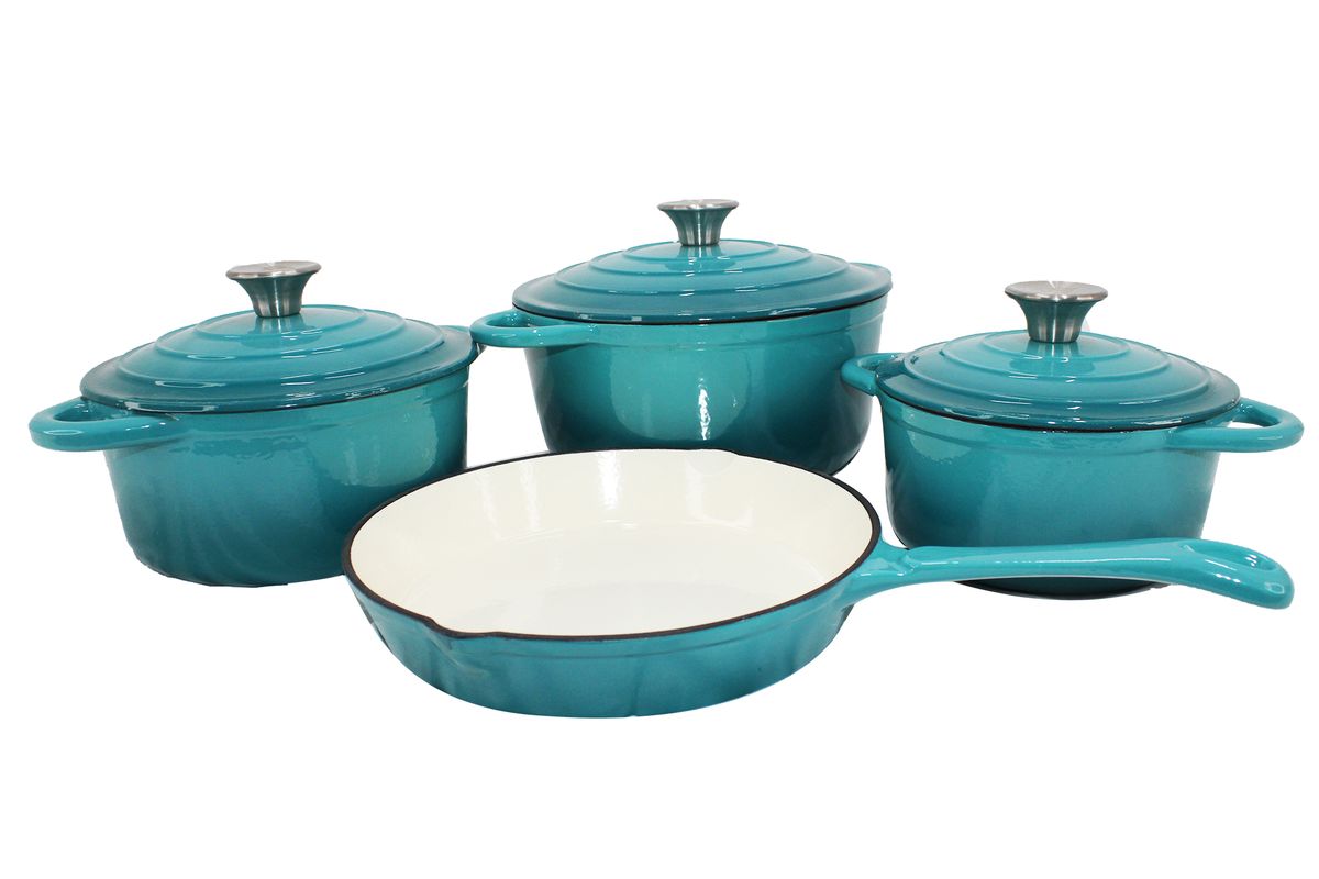 SMTE - Stunning - 7 Piece New Design Dutch Pot Cookware Sets Cast Iron - Turquoise