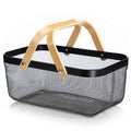 SMTE - Metal Mesh Rectangular Wooden Handle Storage Basket Storage Organizer -40cm - Black