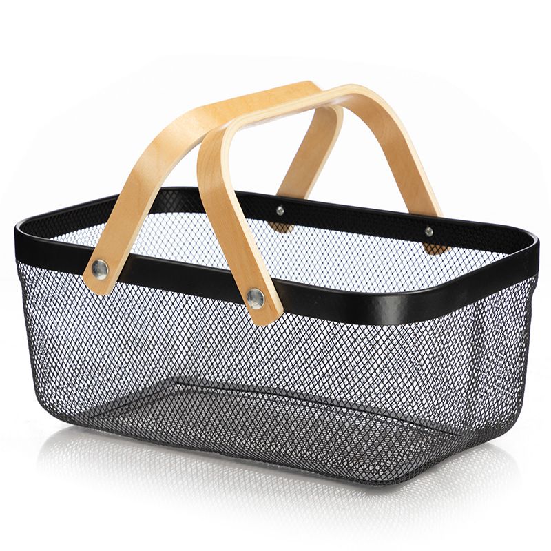 SMTE - Metal Mesh Rectangular Wooden Handle Storage Basket Storage Organizer -40cm - Black