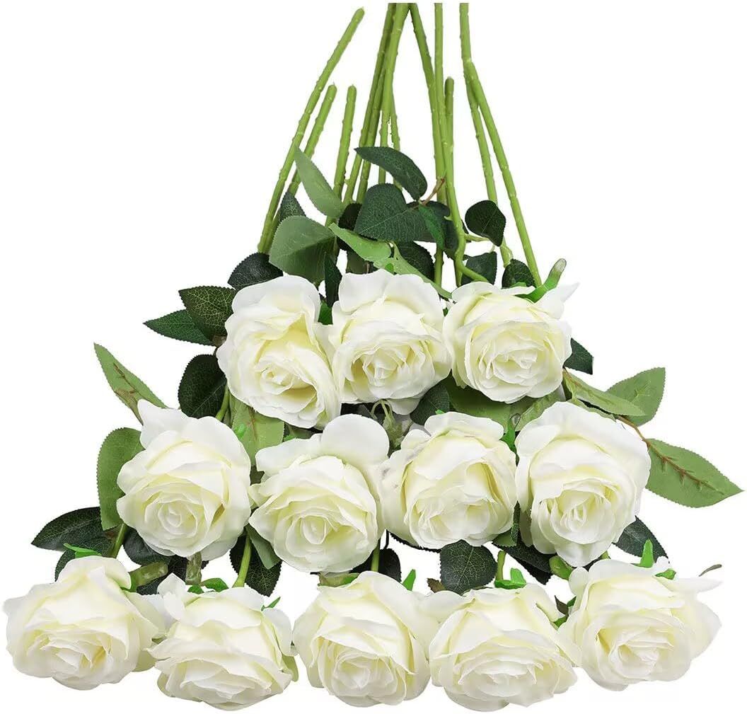 SMTE - 12 pcs Artificial Roses With Long Stem Real Touch DIY Home Decorcream white