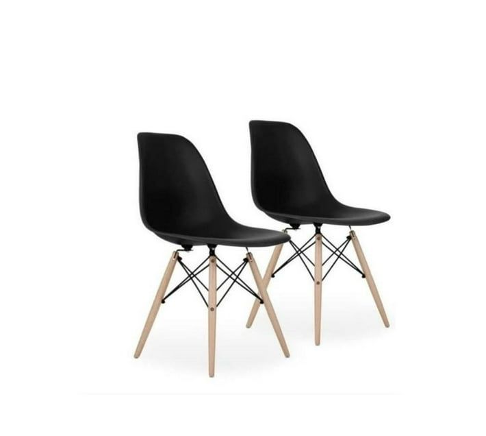 SMTE - Black Modern Style Dining Chair Shell Plastic Chair with Wooden Leg - Set of 2