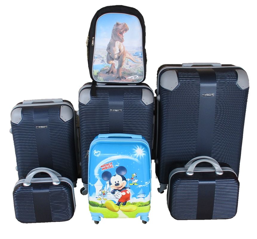 SMTE - 5Piece Luggage SetNavy ABS Suitcases + Kids Mickey & Dinosaur Schoolbag
