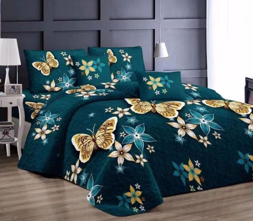 SMTE - Stunning - 5 Piece Quilt Set - Green Golden Butterfly Bedspread Set
