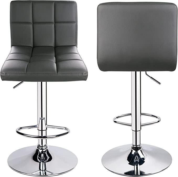 SMTE - Modern PU Leather Adjustable Swivel Bar Stool - Set of 2 - Grey