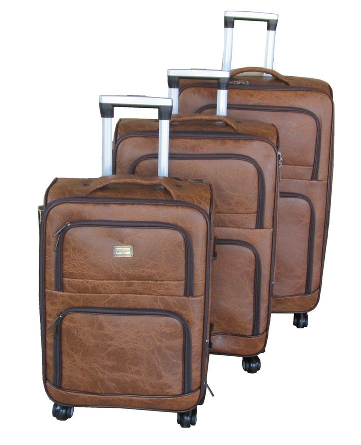 SMTE - Brown PU Leather 3Piece Luggage Set with Spinner Wheels and Builtin Lock