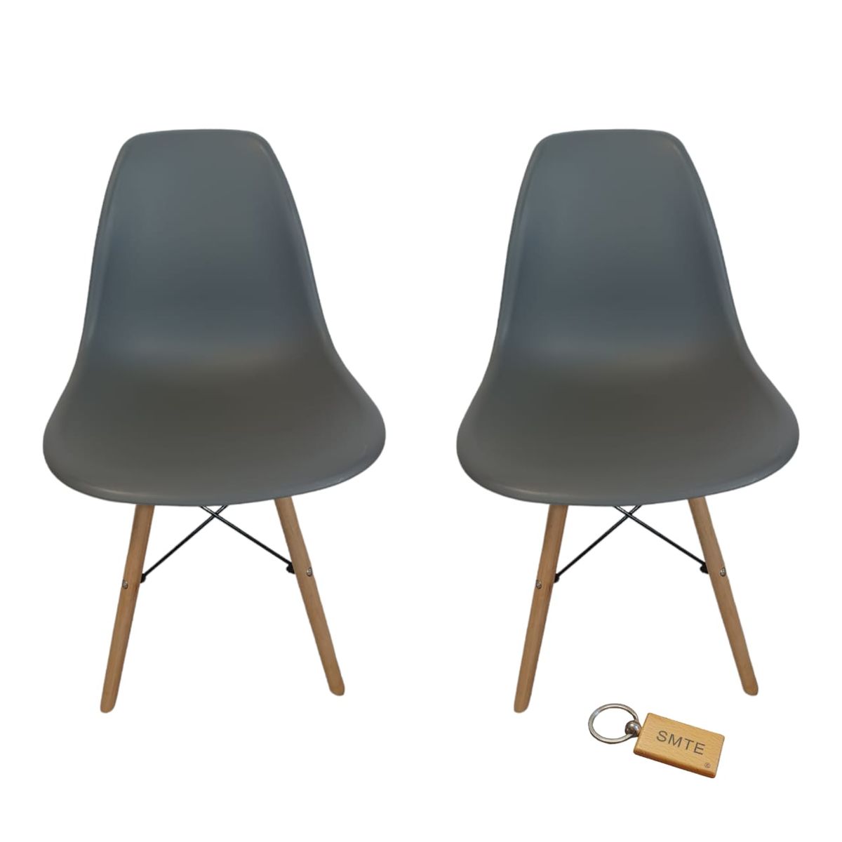 SMTE - Plastic Chair With Wooden Leg Set of 2+  KeychainGrey