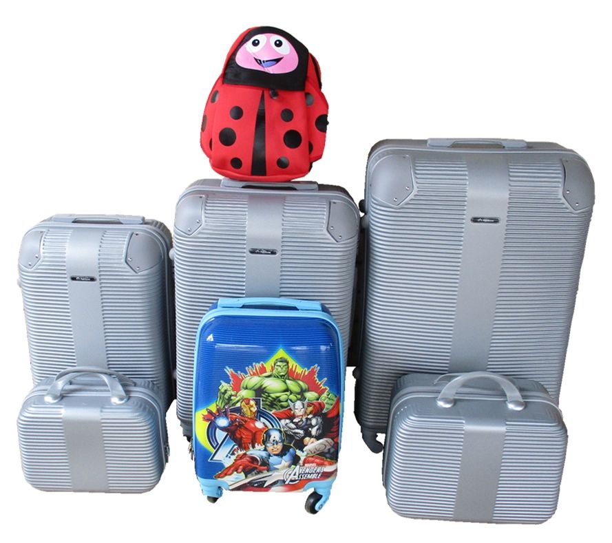 SMTE - Silver ABS Luggage Set with Avengers Kids Case & Red Ladybug Schoolbag