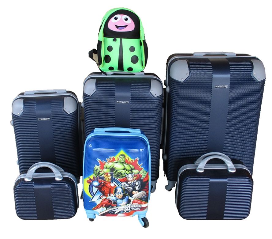 SMTE - 5Piece Family Luggage SetNavy ABS Trolleys, Avengers Kids Case & Ladybug Bag