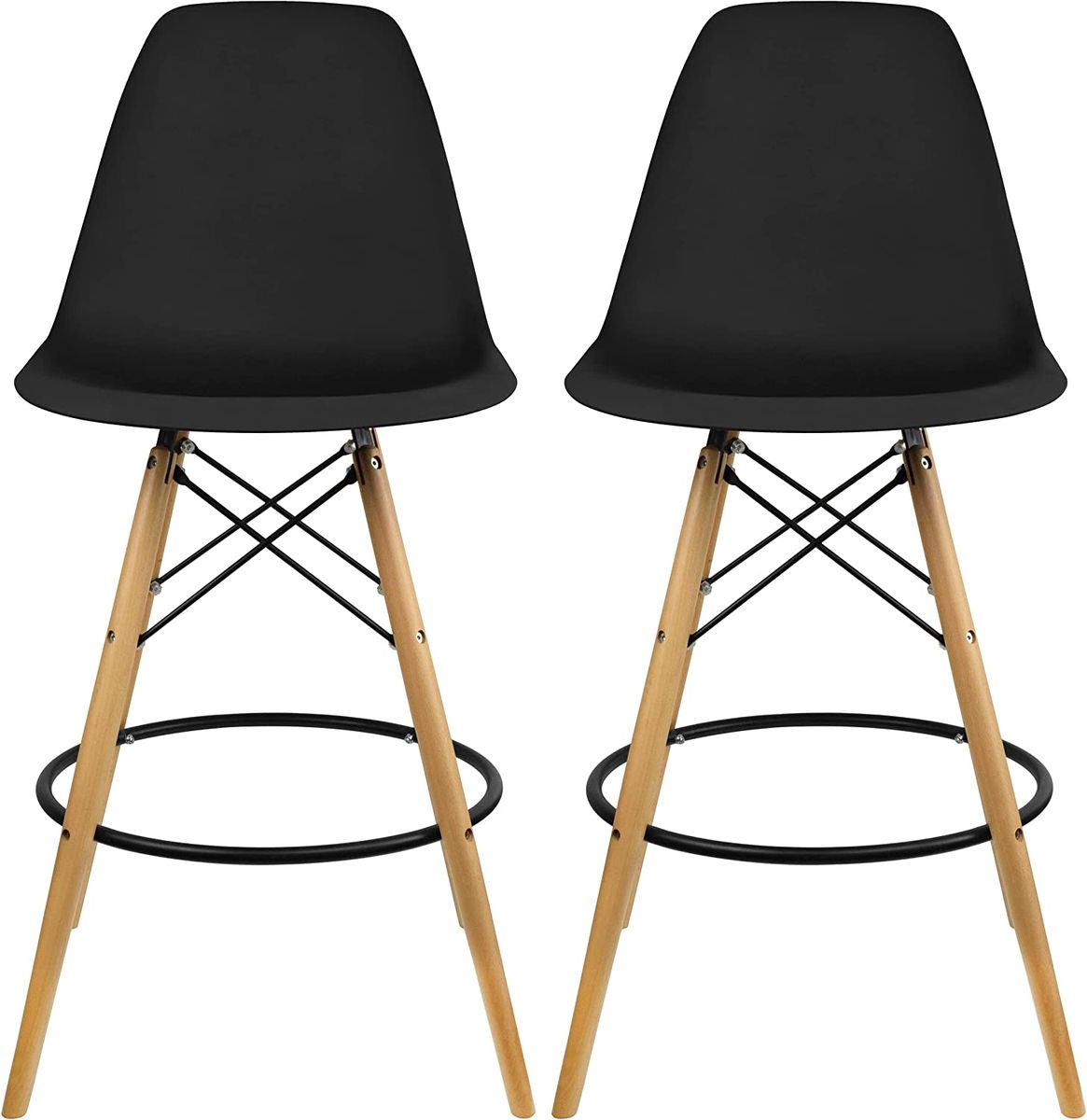SMTE - Plastic Modern Counter Stools with Backrest and Armless Natural Legs Wood - Black