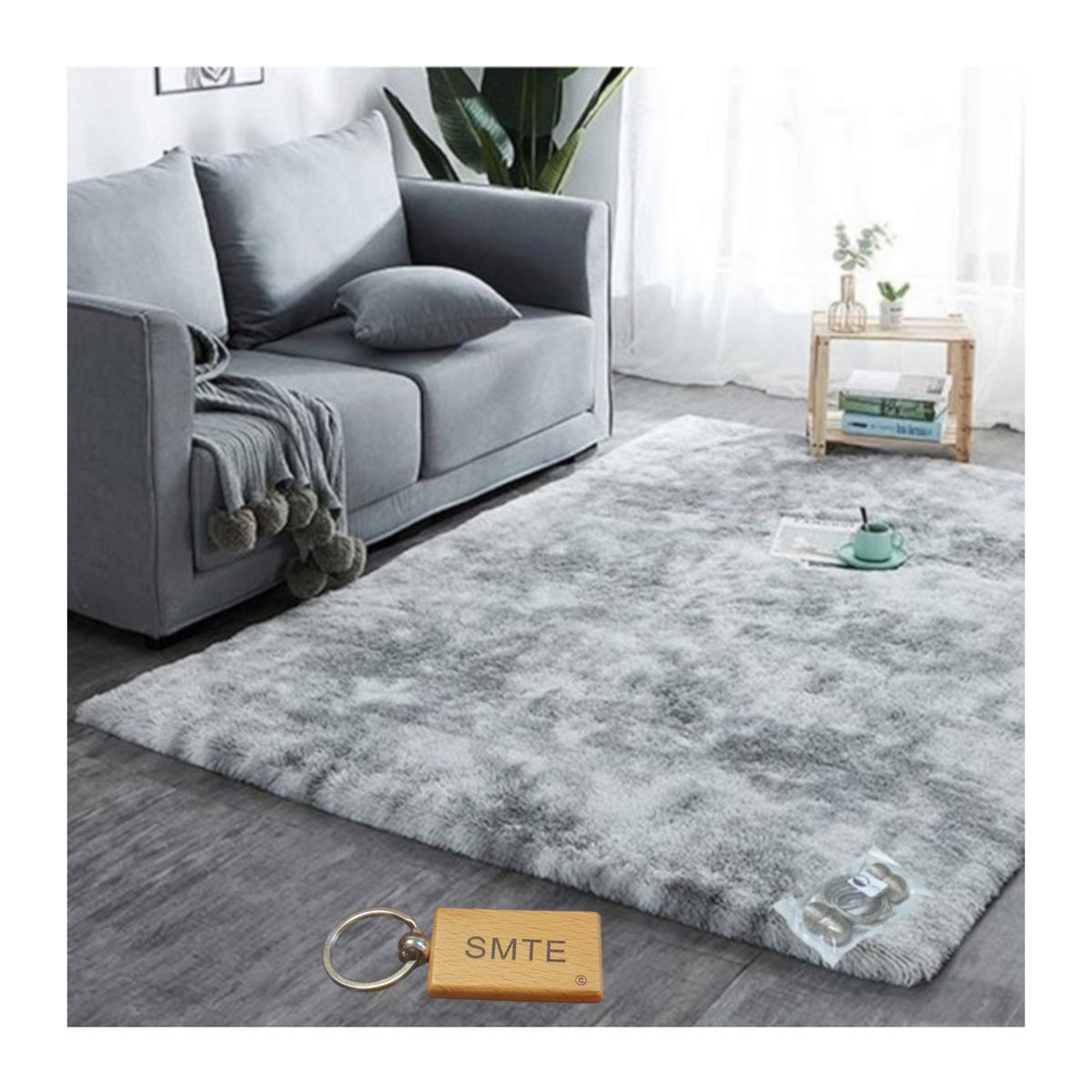 SMTE - New Premium Fluffy Carpet/Rug & Complementary Tieback and KeyringSilver Mix
