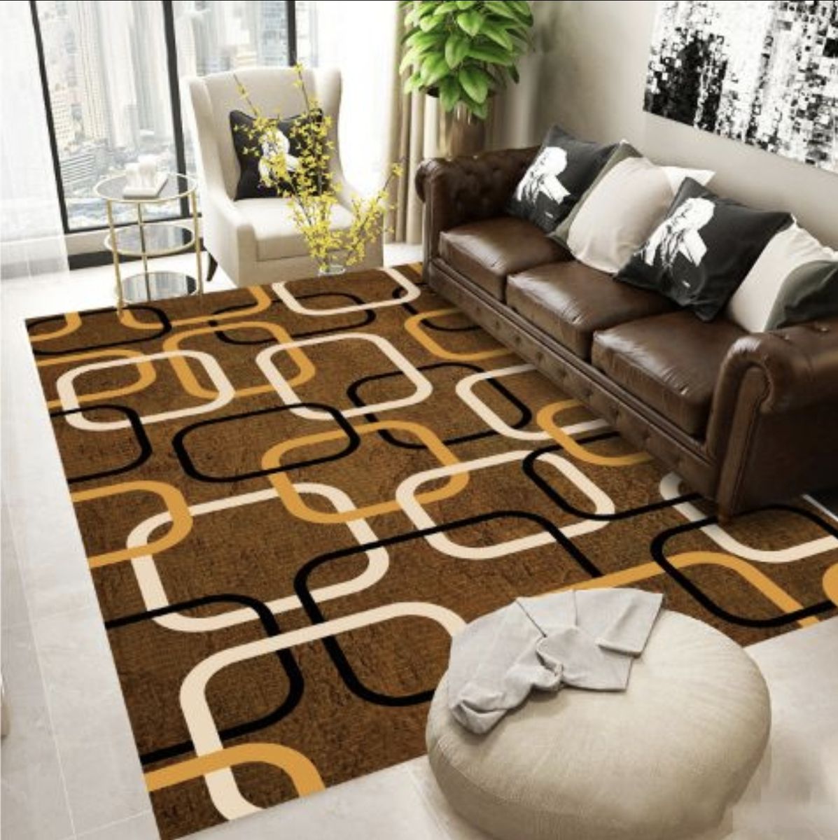 SMTE -  Modern Quality 3m Large Geometric Design S1 Rug- Brown