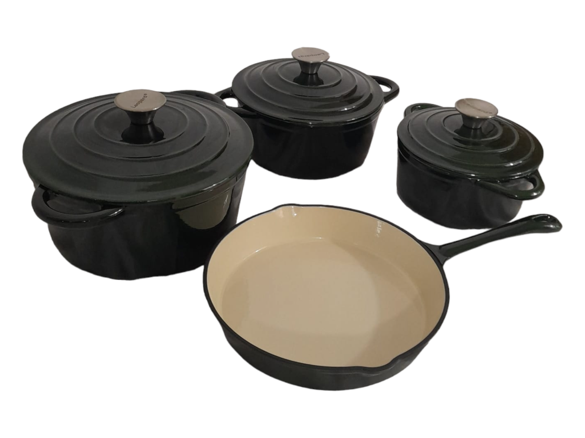 SMTE -  7 Piece Authentic Cast Iron Dutch Oven Cookware Pot Set - Dark Green