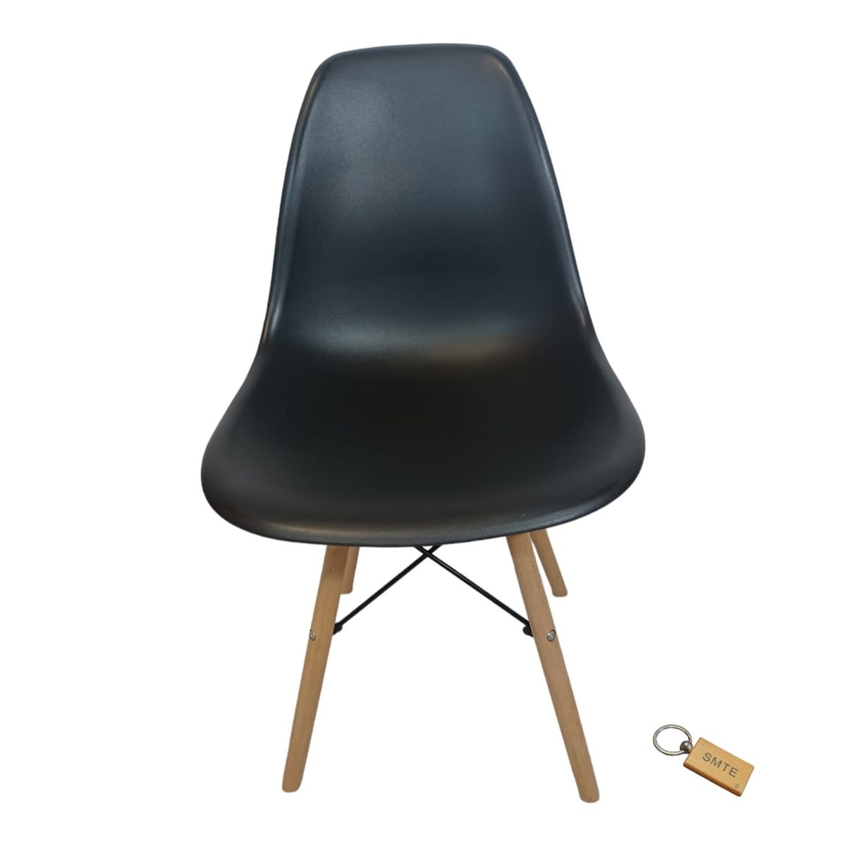 SMTE - Plastic Chair With Wooden Leg Set of 1 +  KeychainBlack