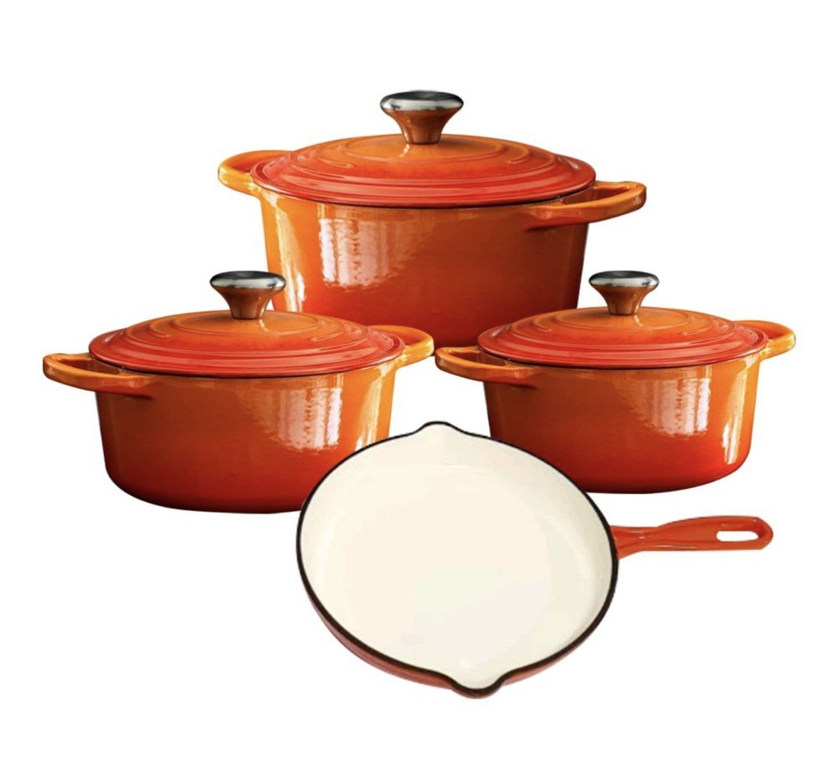 SMTE - Authentic 7 Piece Cast Iron Dutch Oven Cookware Pot Set - Orange