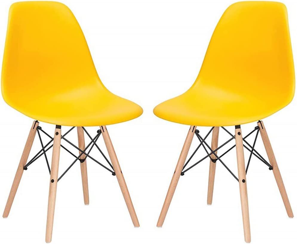 SMTE - Modern Style Dining Chair Shell Plastic Chair with Wooden Legs - Set of 2 - Yellow
