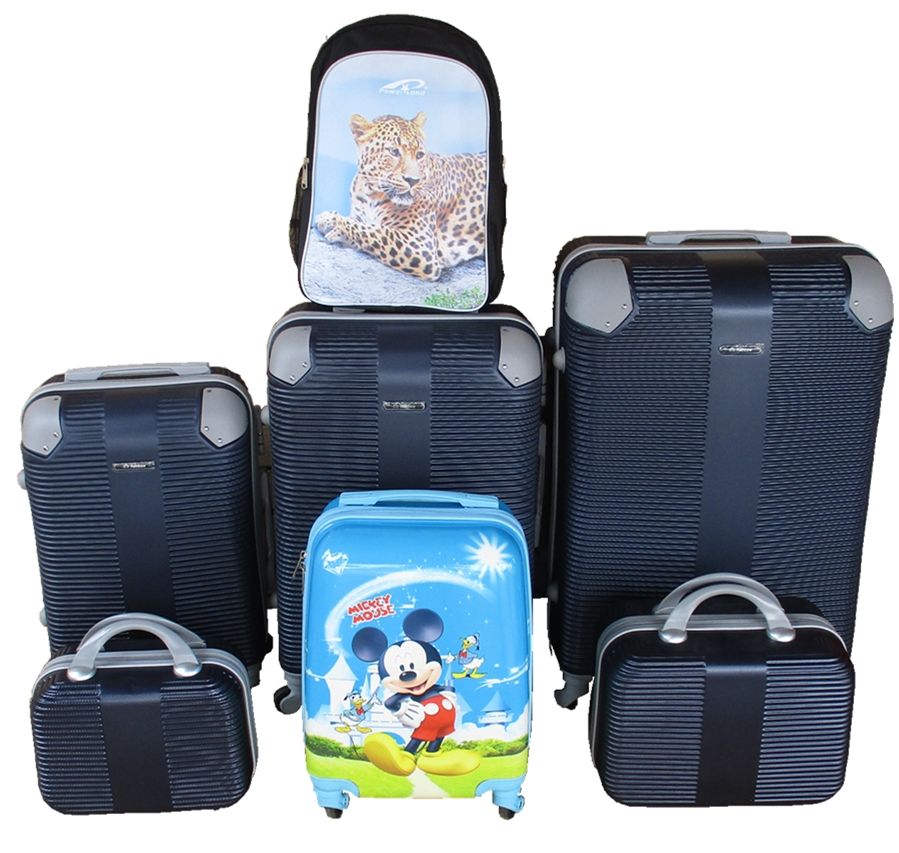 SMTE - 5Piece Family Luggage SetNavy ABS Trolleys + Mickey Case & Leopard Bag
