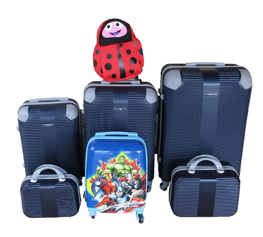 SMTE - ABS Family Luggage 5Piece Set Navy, Kids Avengers case and Red Ladybug Bag