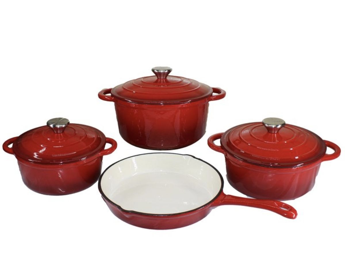 SMTE - Acesa - Quality 7 Piece Authentic Cast Iron Dutch Oven Cookware Pot Set - Red