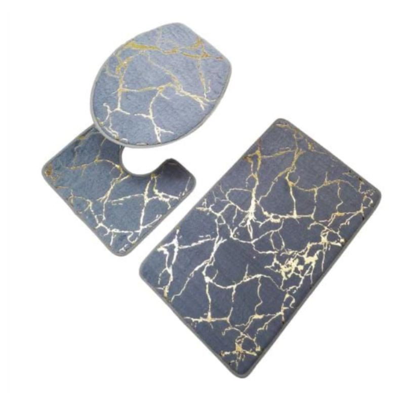 SMTE - Gold pattern Marble 3 Piece Bathroom Mat set - Grey
